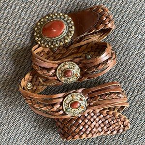 Woven Vintage Leather Belt with Brass Buckle and Stone Accents, size M/L